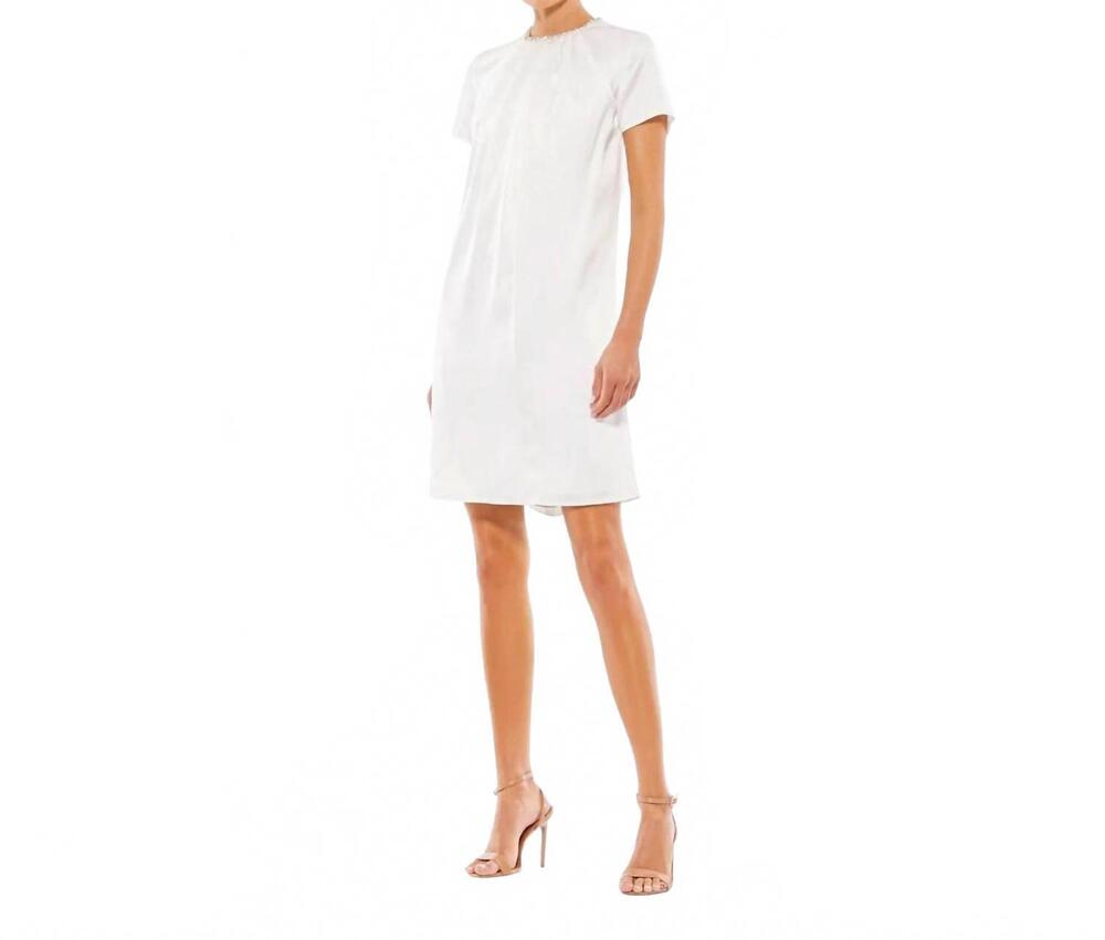 NEW MAC DUGGAL women's crystal neckline shift dress in white